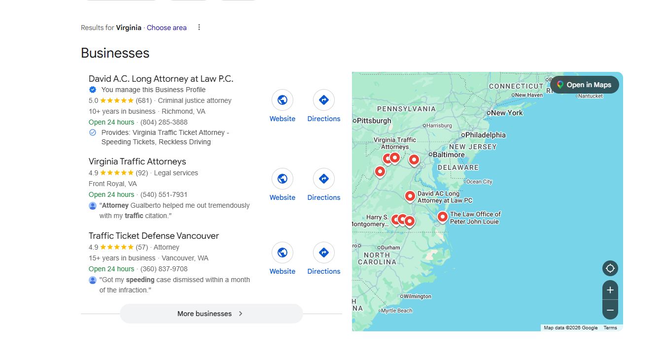 Google map pack results for Virginia traffic attorneys with the client listed first, rated 5.0 from 681 reviews